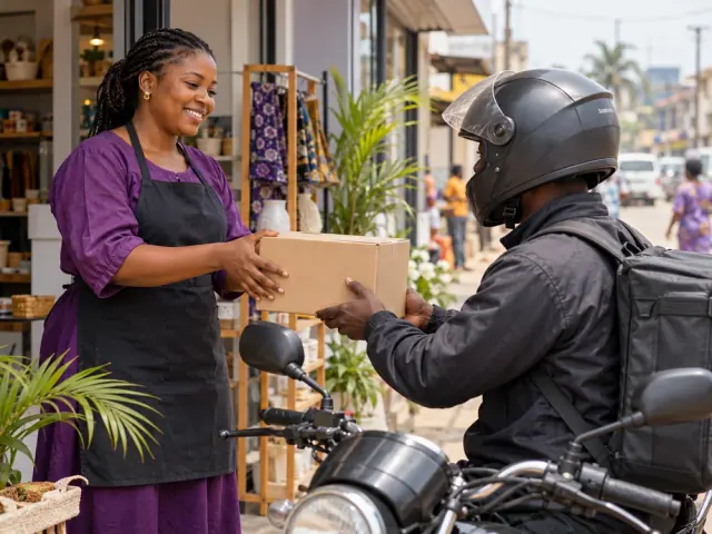 Seller handing a parcel to a delivery rider
